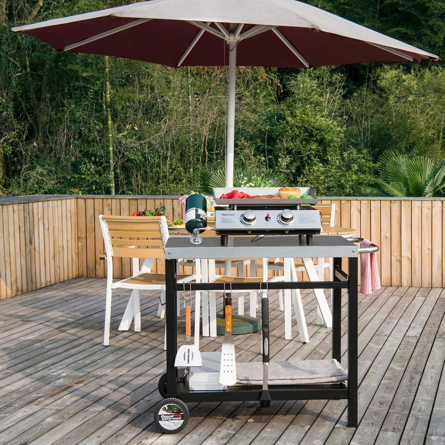 Royal Gourmet Dining Cart Table with Double-Shelf, Movable Stainless Steel Flattop Grill Cart, Hooks, Side Handle, Multifunctional PC3401B (Black)