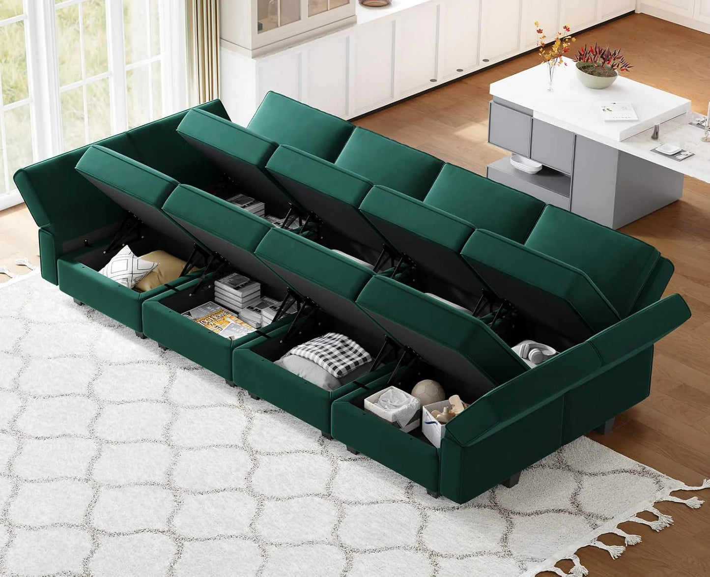Belffin Modular Sectional Sofa with Ottomans Velvet Reversible Sleeper Chaise Bed Storage Seat Black