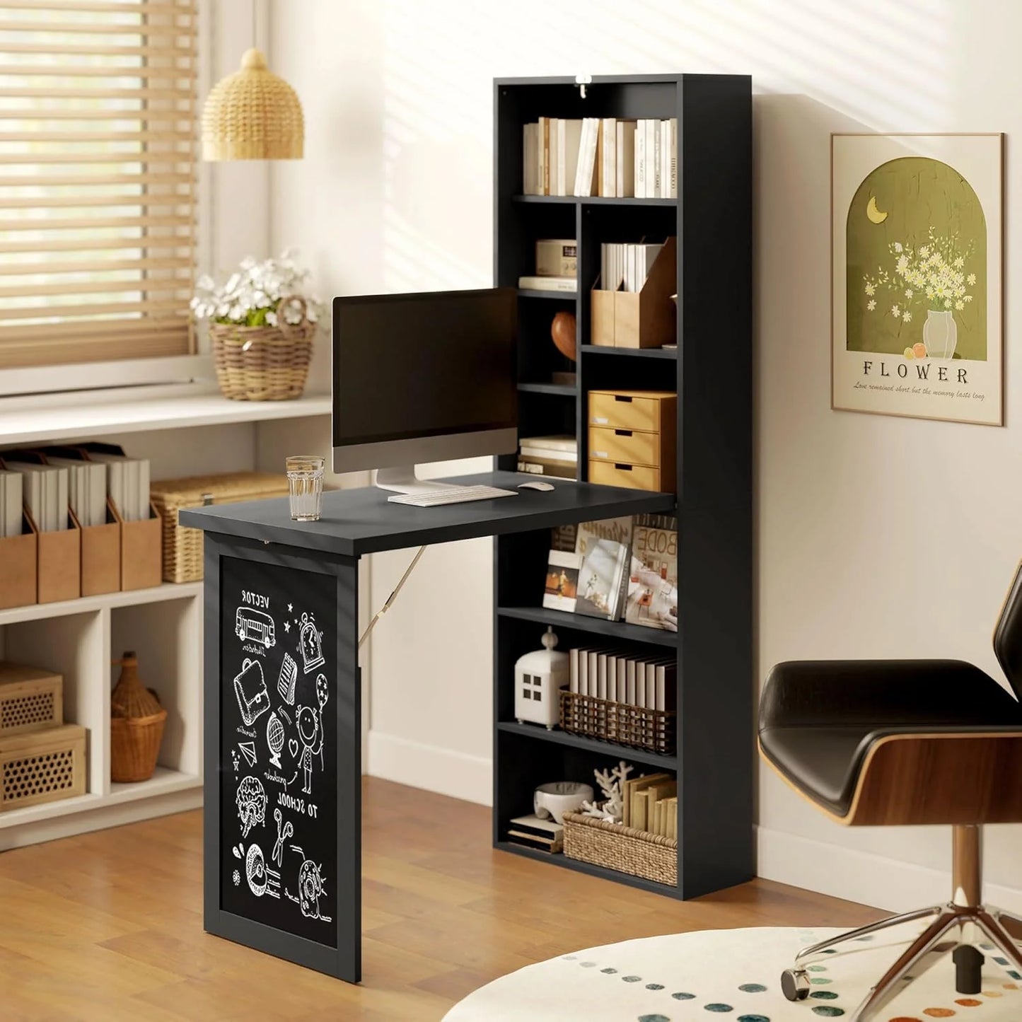 Folding convertible writing desk, wall mounted desk cabinet, multifunctional home office workstation