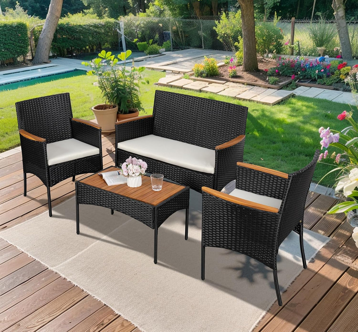 Shintenchi 4-Piece Patio Furniture Set, Outdoor Wicker Patio Conversation Furniture Set with Cushions and Wooden Tabletop