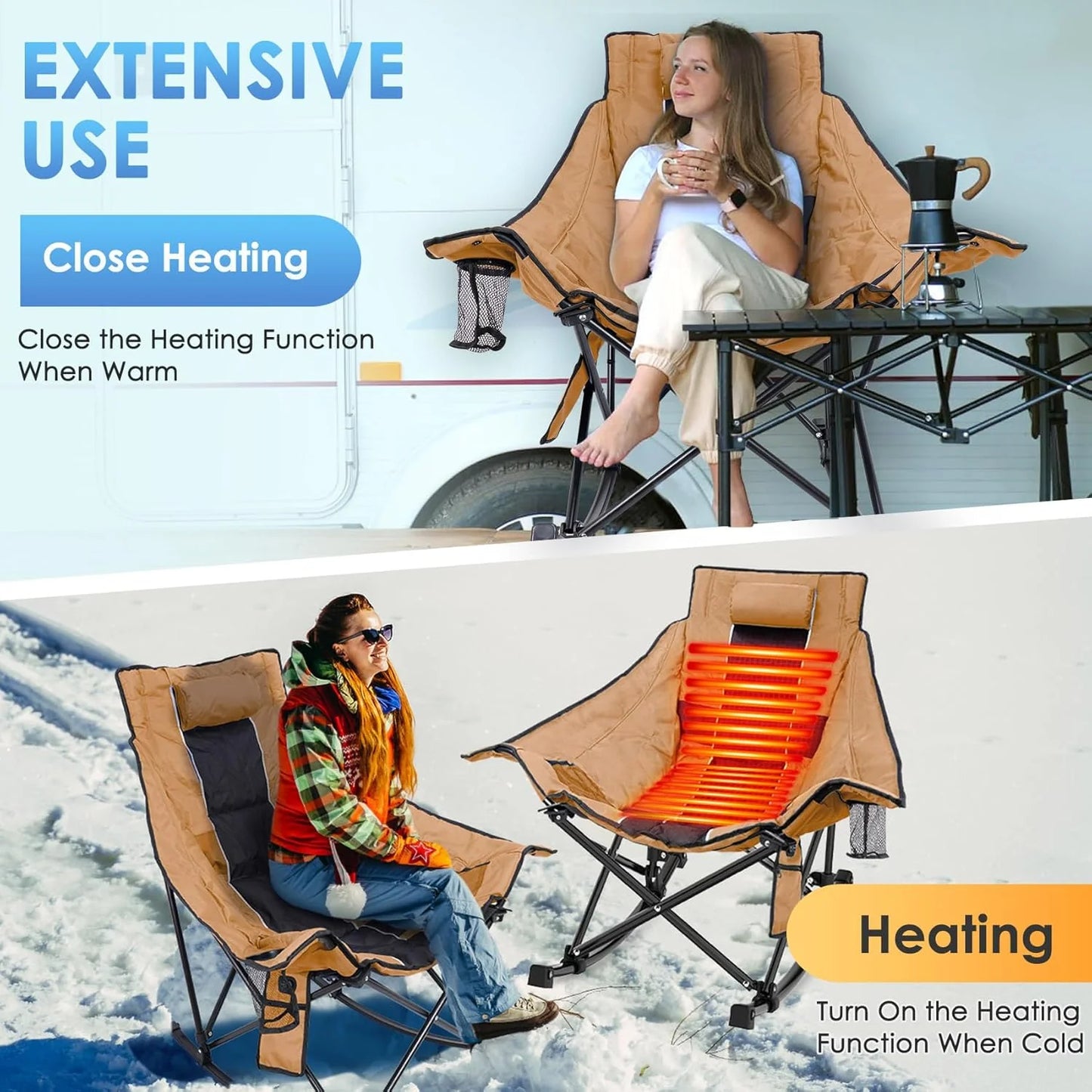 Heated Camping Chair, Extra Large Heated Chair Outdoor Sports Chair with 3 Heat Levels on Back and Seat, Portable Folding Heated Outdoor Chair (Batteries Not Included)