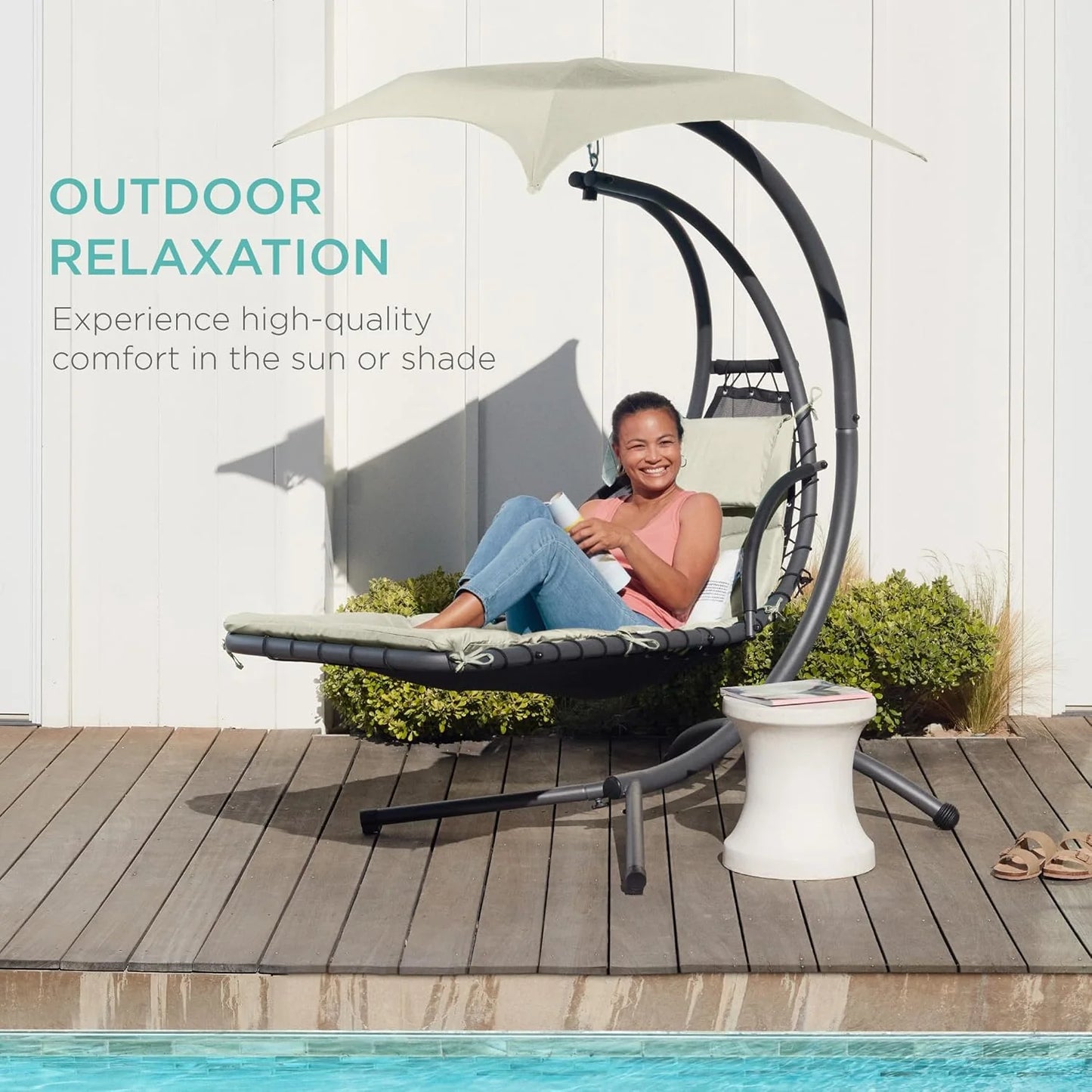 Best Choice Products Outdoor Hanging Curved Steel Chaise Lounge Chair Swing w/Built-in Pillow and Removable Canopy - Charcoal Gray