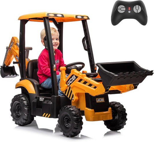 12V JCB Ride On Excavator, Ride on Toys for Kids 4-8, Electric Car for Kids with Tractor, Bulldozer, Digging Arm, Backhoe Toy Car with Slow Start/Stop, Adjustable Speeds