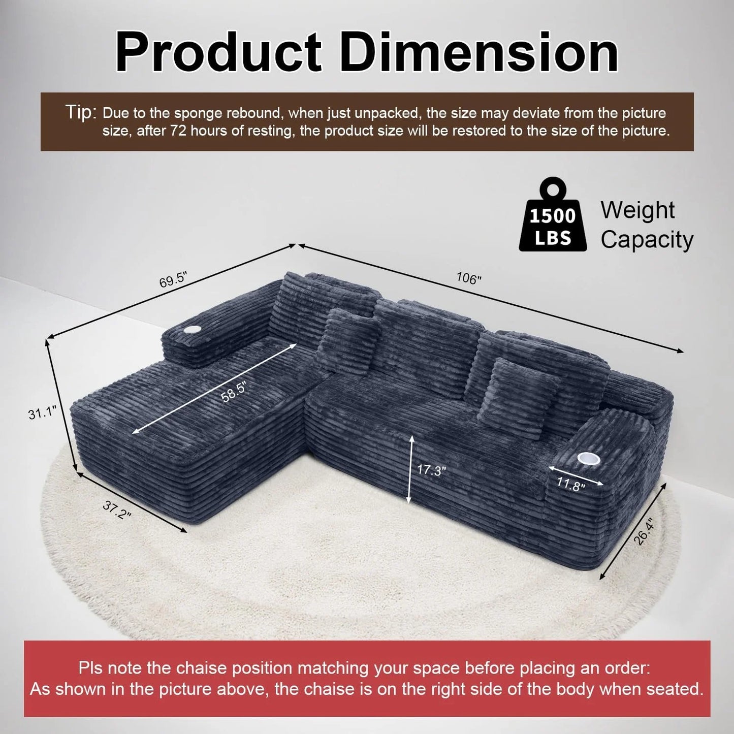 Cloud Sectional Couch with L-Shape Chaise, Modern Modular Sofa with Deep Seat, Built-in Cup Holder & Storage Pocket