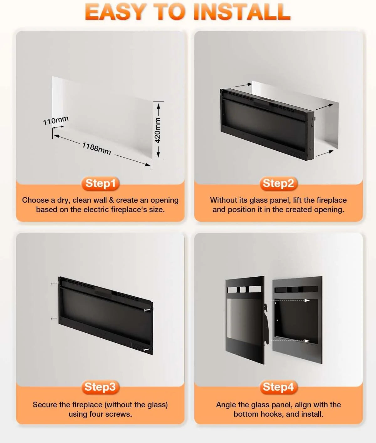 Electric Fireplace 60Inch,Wall Mounted Electric Fireplace Heater with Timer Inserts,TV Stand Touch Screen and Realistic Flame,Log Set,Crystal Flames 750 to 1500W,Remote for Living Room