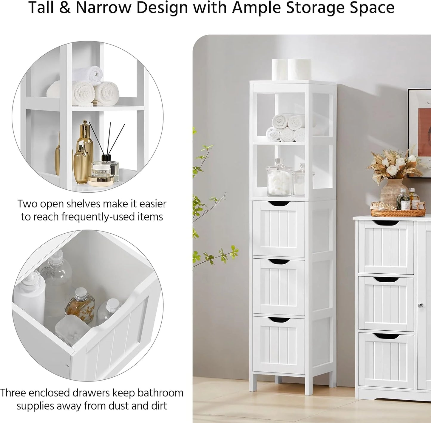 Bathroom Floor Cabinet, Wooden Storage Cabinet with 2 Drawers, Multifunctional Side Organizer Rack Stand Table