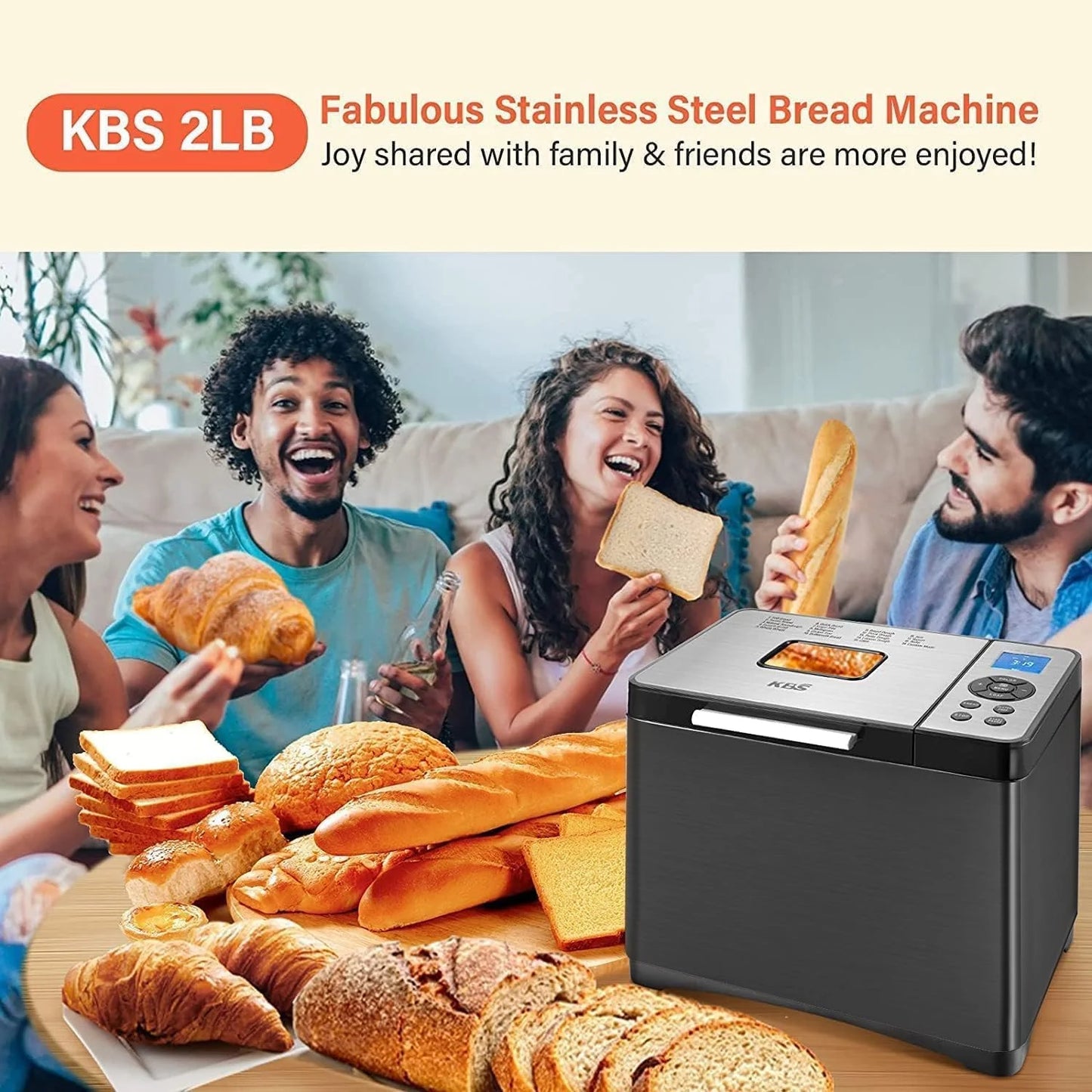 KBS 2LB Bread Maker, 19-in-1 Automatic Stainless Steel Bread Maker with Ceramic Pot, 650W Bread Maker, 3 Loaf Sizes