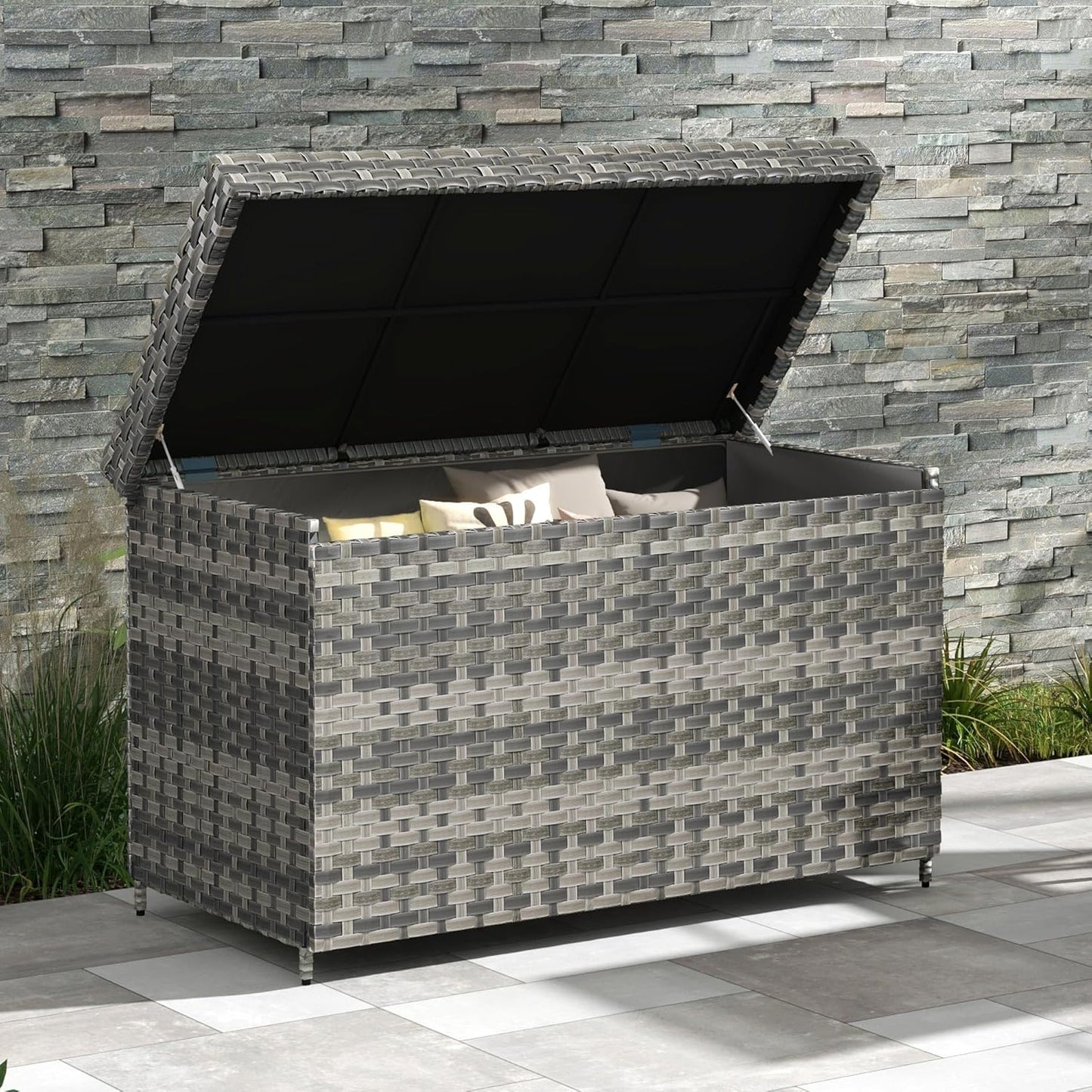 DWVO 70Gal Outdoor Storage Bench with Cushion & Composite Wood Backrest, All-Weather Wicker Deck Bench with Rustproof Bag, Poolside, Patio, Garden (Sand Beige)