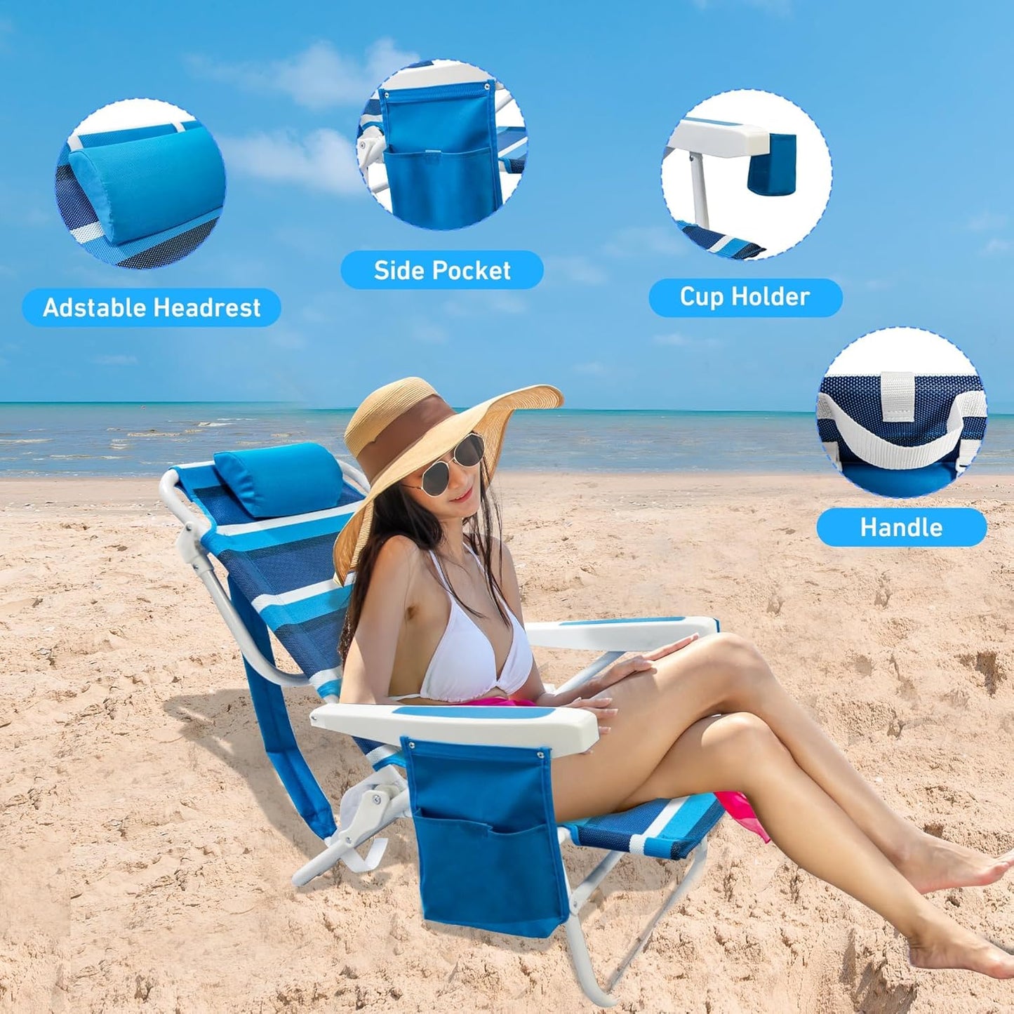 Beach Chair 2 Pack 5 Positions Textilene Folding Reclining Beach Chair with Backpack Straps Cooler Bag & Cup Holder for Outdoor Lawn Camping