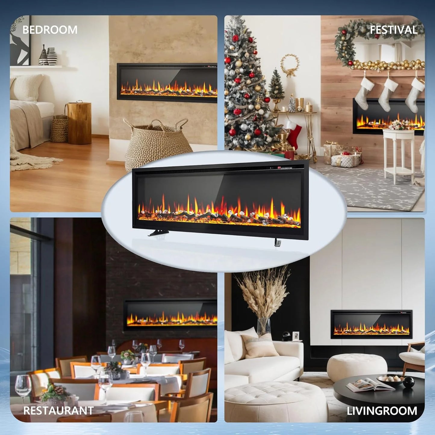 EUHOMY 50 Inch Electric Fireplace Wall Recessed and Wall Mounted with Adjustable Flame Color, Fireplace Heater with Remote Control, Linear Fireplace with Timer, Touch Screen, Log & Crystal, 750/1500W