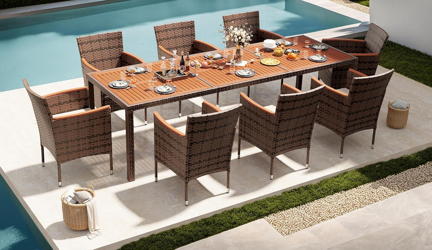 Devoko Dining 7 PCS Furniture, Patio Conversation Set with Acacia Wood Table Top, Rattan Outdoor, Black