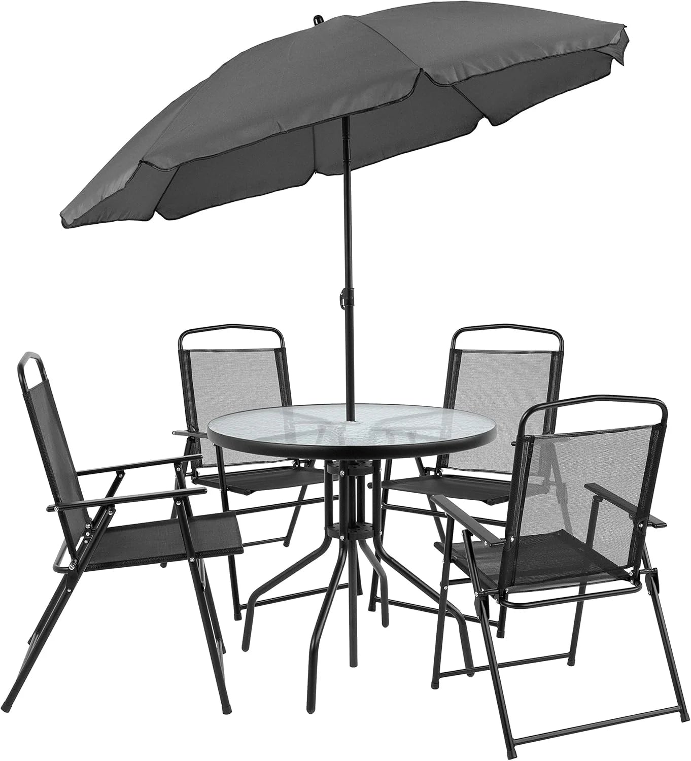 EMMA + OLIVER 6 Piece Brown Patio Garden Set with Umbrella Table and Set of 4 Folding Chairs