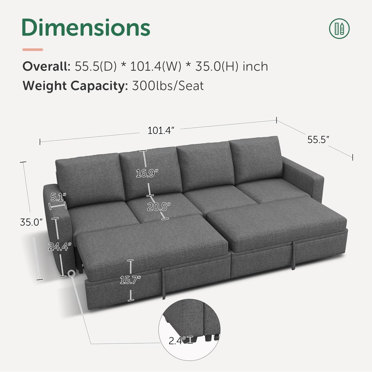 HONBAY Modular Sectional Sleeper Sofa with Pull Out Bed, L Shaped Couch with Storage Seat, Convertible Sectional Couches for Living Room