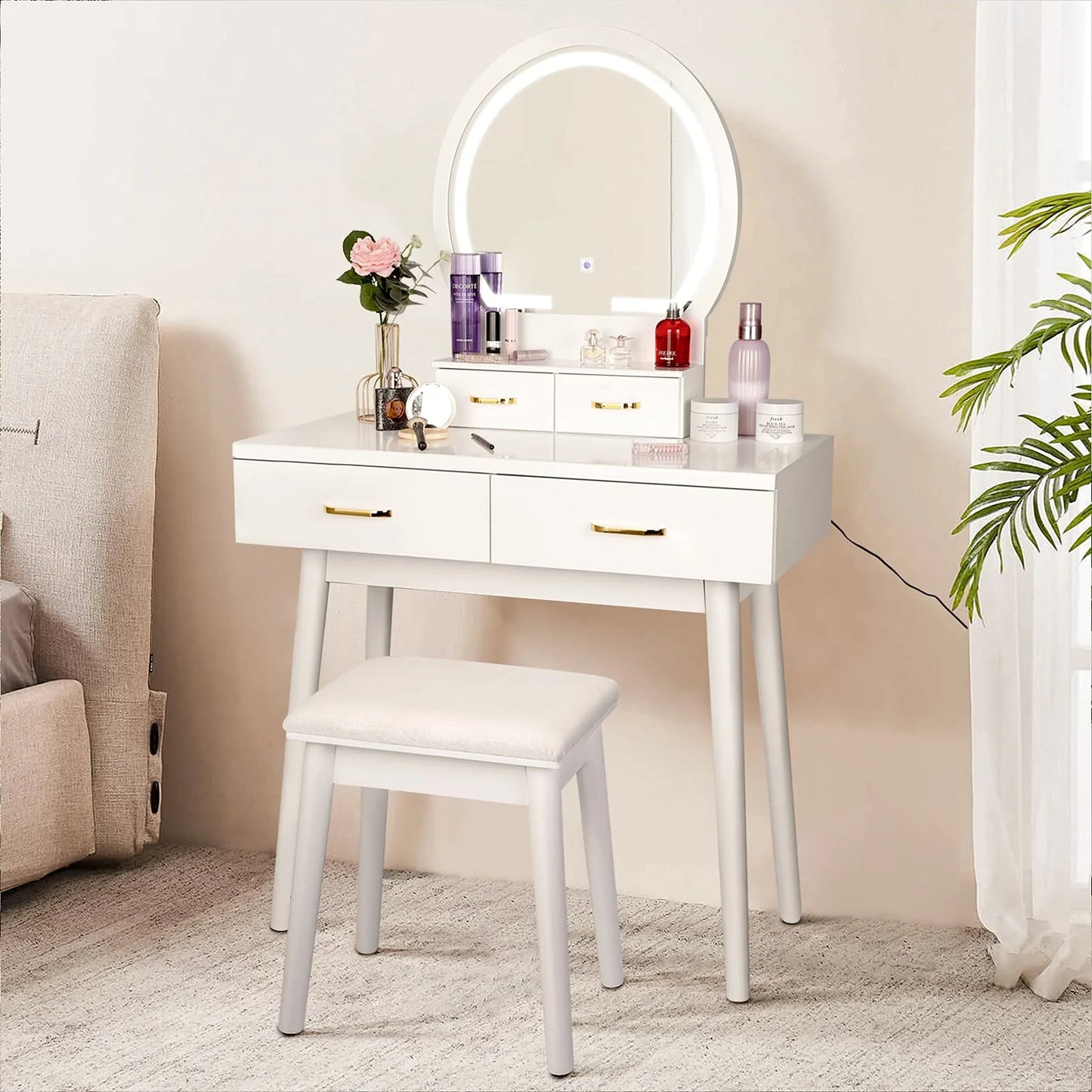 Vanity Desk with Lighted Mirror - 3 Color Lighting Modes Adjustable Brightness