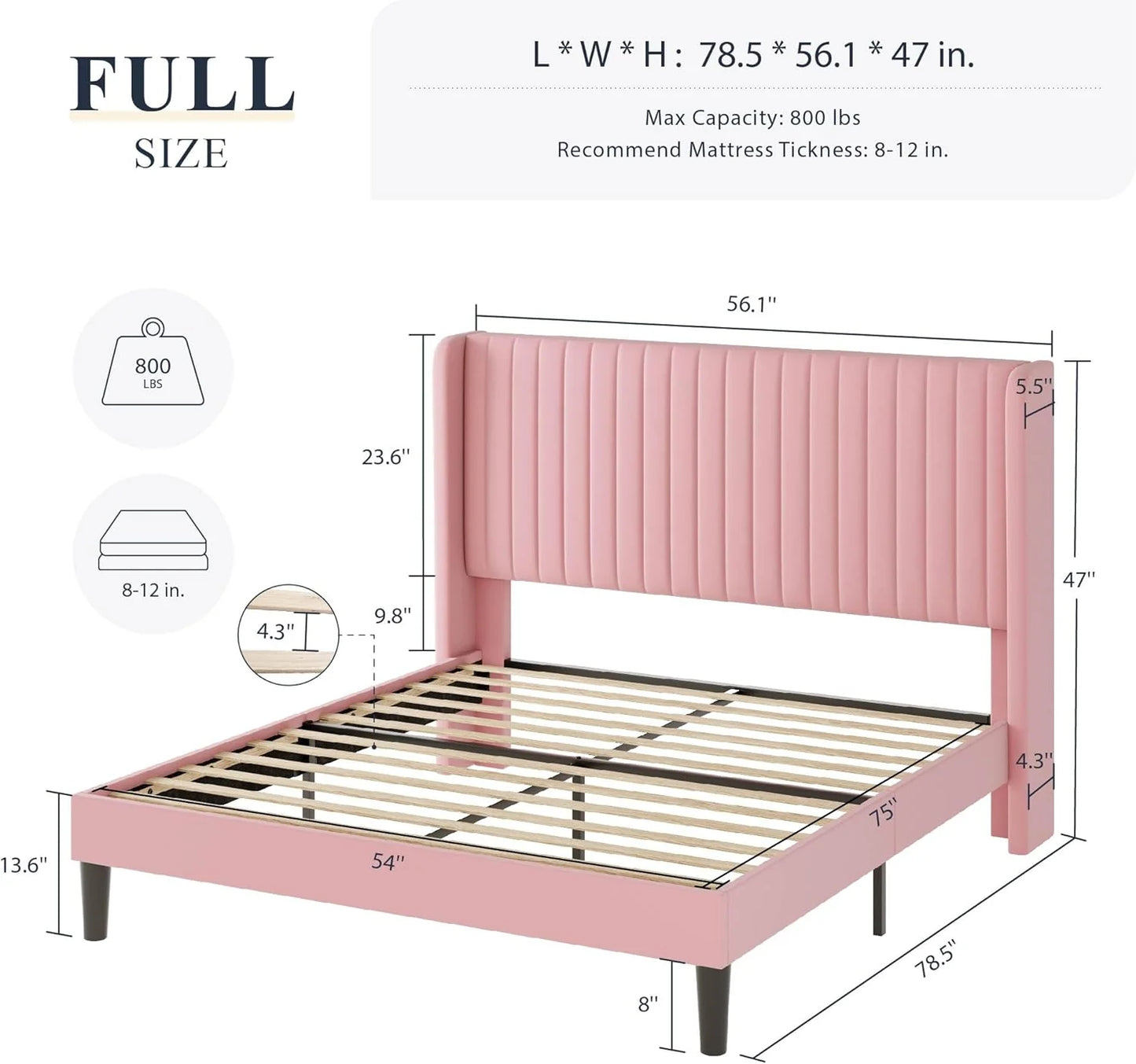 Allewie Full Size Velvet Bed Frame/Vertical Channel Tufted Wingback Headboard/Upholstered Platform Bed/Strong Wooden Slats/No Box Spring Needed/Easy Assembly/White