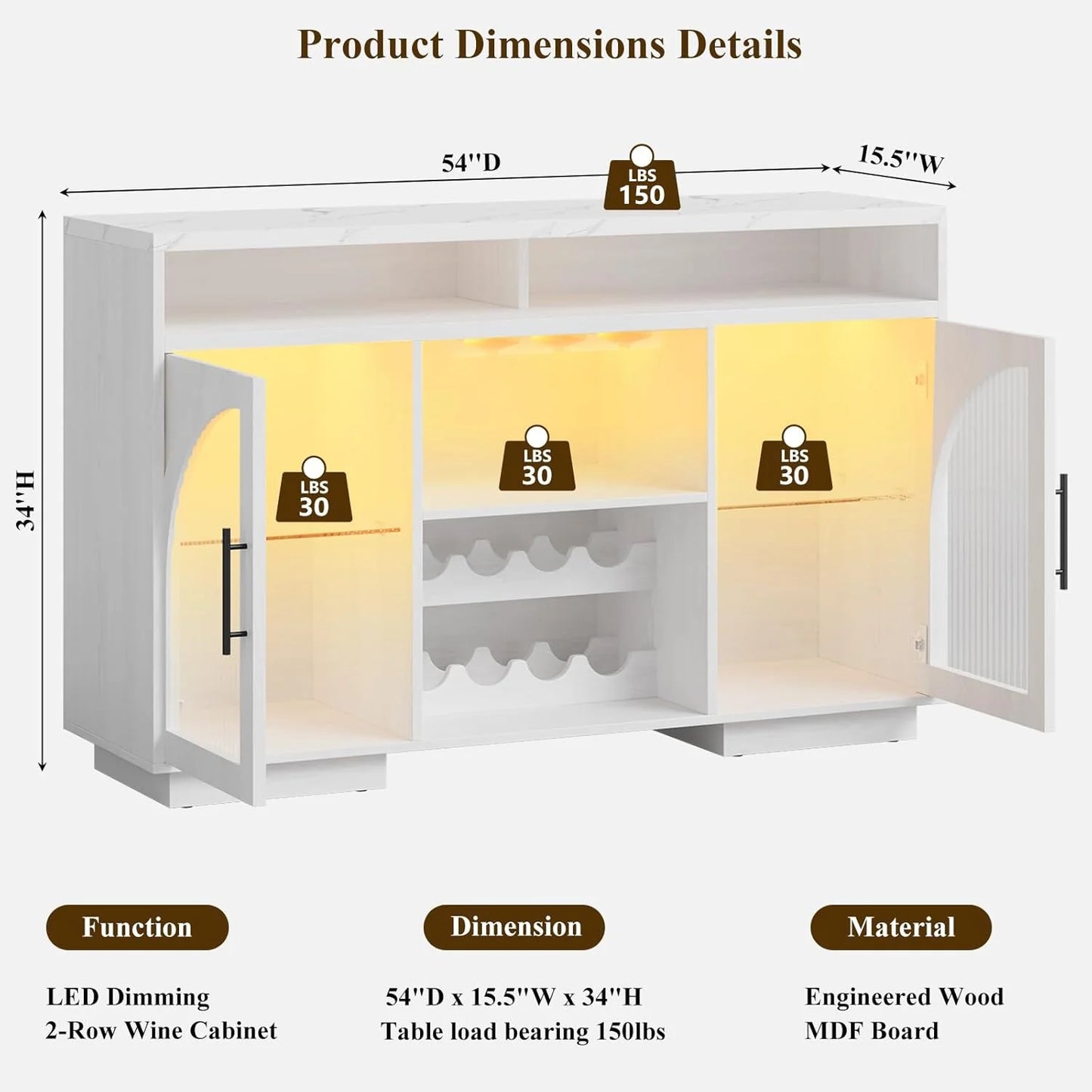 Sideboard, 54-inch kitchen cabinet with LED lights and arched glass doors, tall bar cabinet