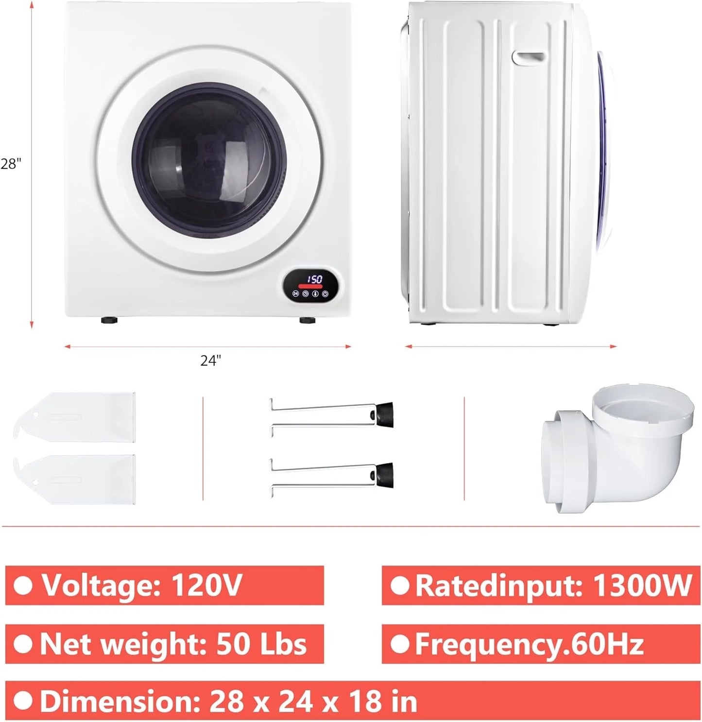 Compact Laundry Dryer, 3.5 cu ft Front Load Stainless Steel Clothes Dryers With Exhaust Pipe, 1500W, LCD Control Panel Four-Function Portable Dryer For Apartments, Home, Dorm, White