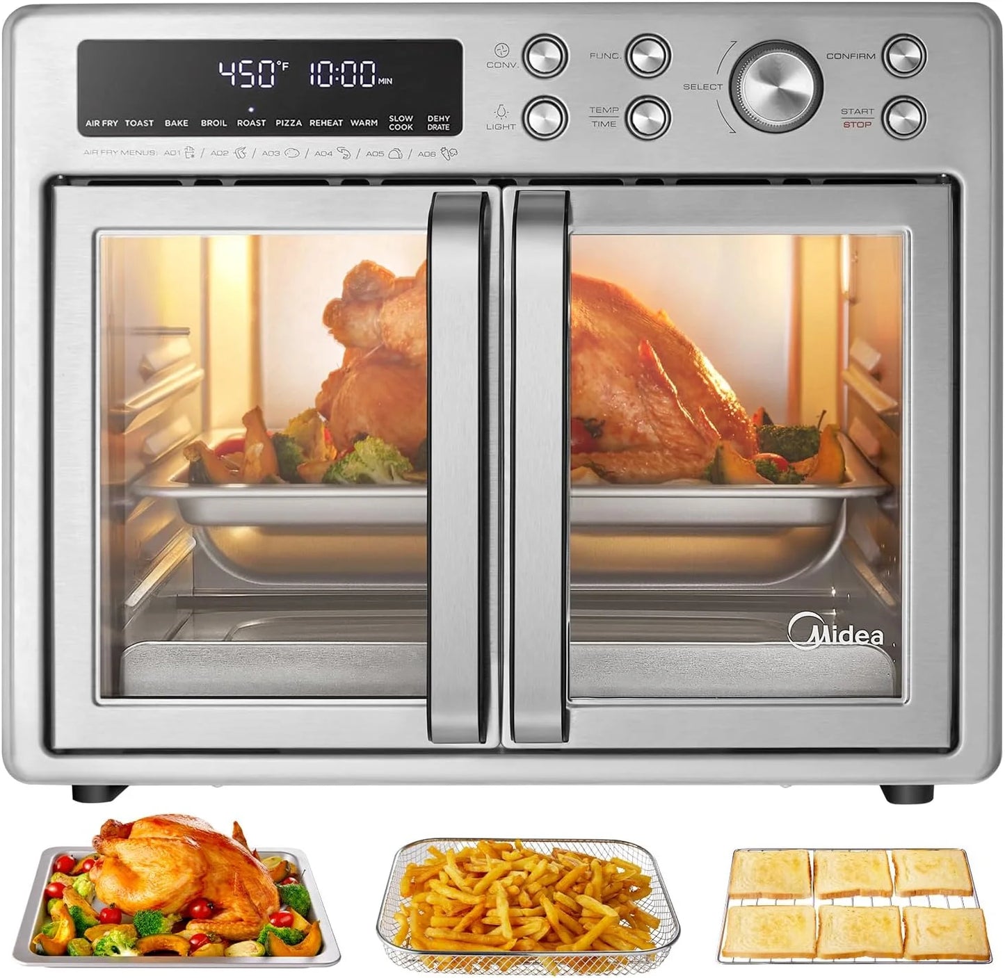 Flexify French Door Toaster Oven Air Fryer Combo, 26.4 QT, Extra Large Air Fryer Countertop Oven 10-in-1 Combo, 25% Faster Cooking and 90% Less Oil, Stainless Steel