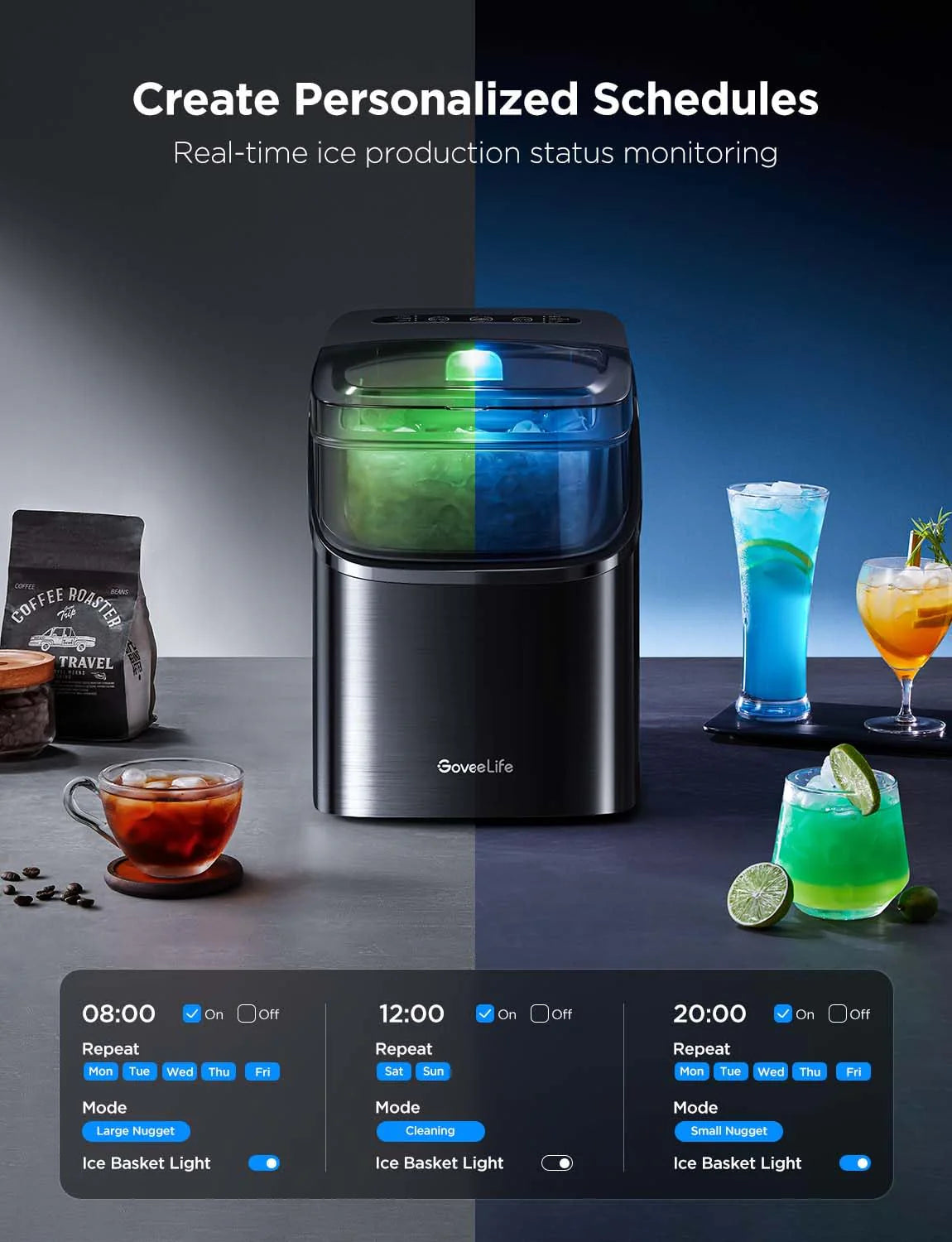 GoveeLife Smart Ice Maker Countertop, Portable Ice Machine with Voice Control, 9 Ice Cubes in 6 Minutes 3 Sizes, 26lbs/24Hrs, Self Cleaning RGB Lights, Quiet Ice Maker with Scoop for Kitchen Silver