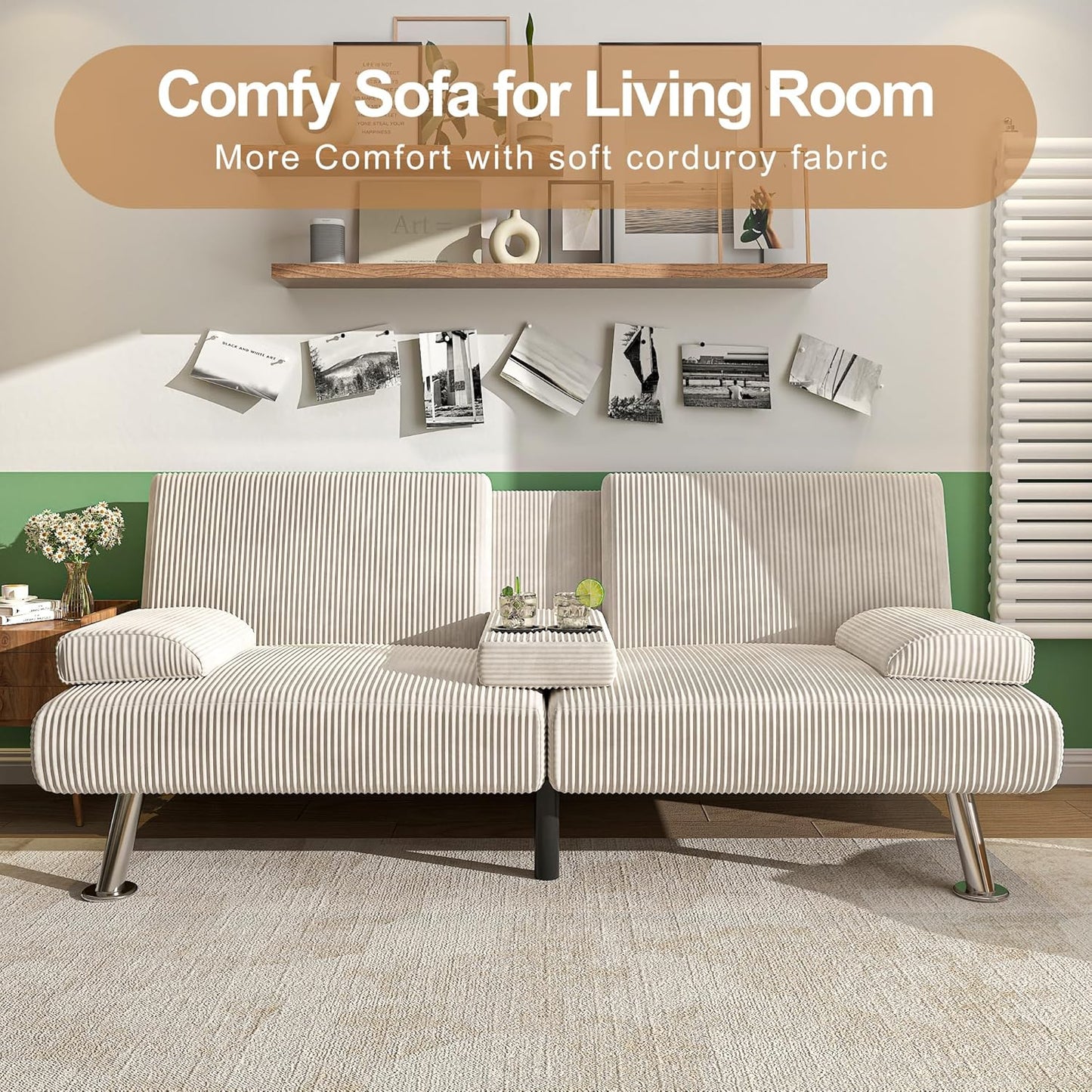 Shahoo Modern Linen Upholstered Convertible Folding Futon Sofa Bed with Removable Armrests, Metal Legs, 2 Cup Holders for Living Room