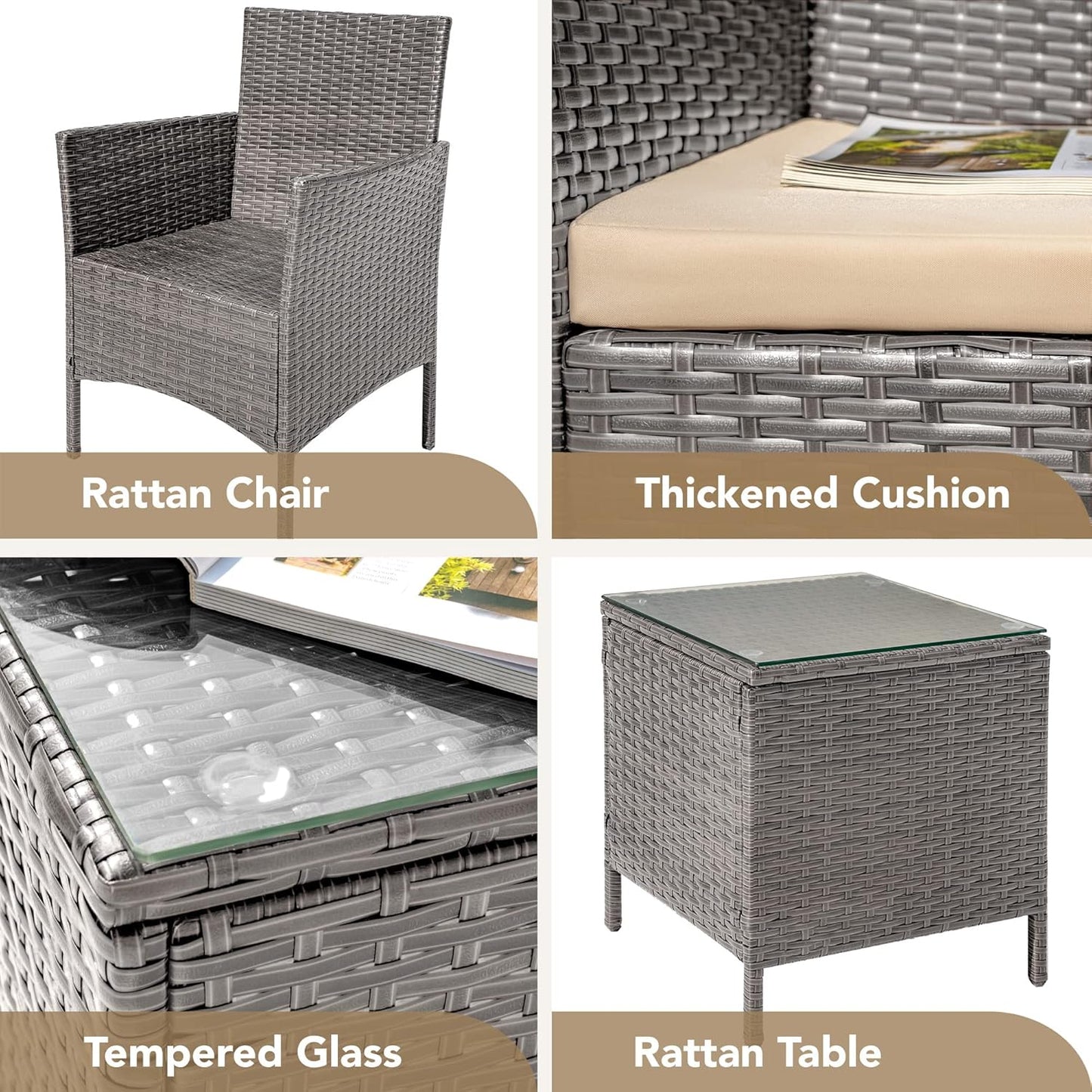 Devoko Patio Porch Furniture Sets 3 Pieces PE Rattan Wicker Chairs with Table Outdoor Garden Furniture Sets (Brown/Beige)