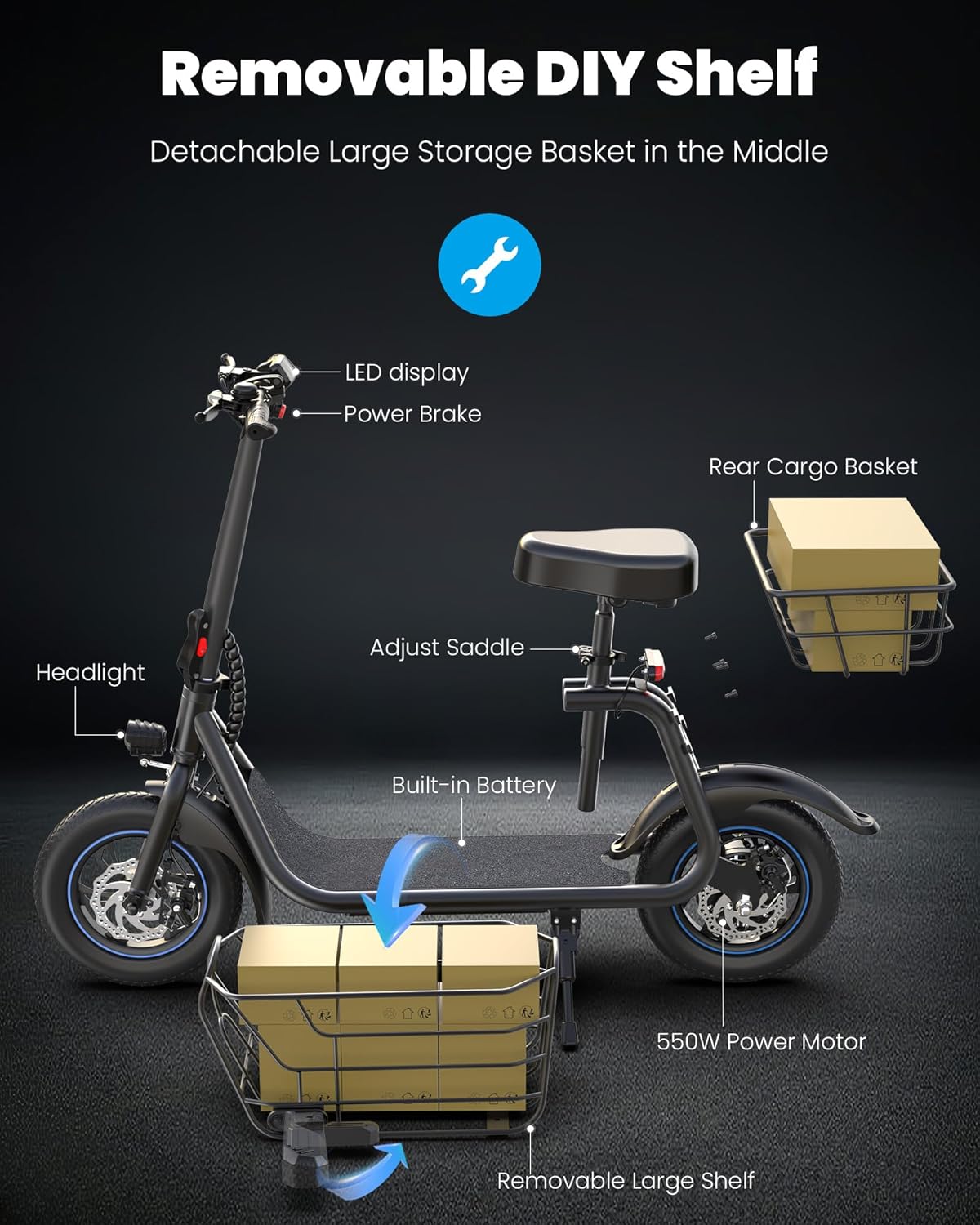 Gyroor Adult Electric Scooter with Large Center Basket, 20 Mile Range, Foldable, and Seat