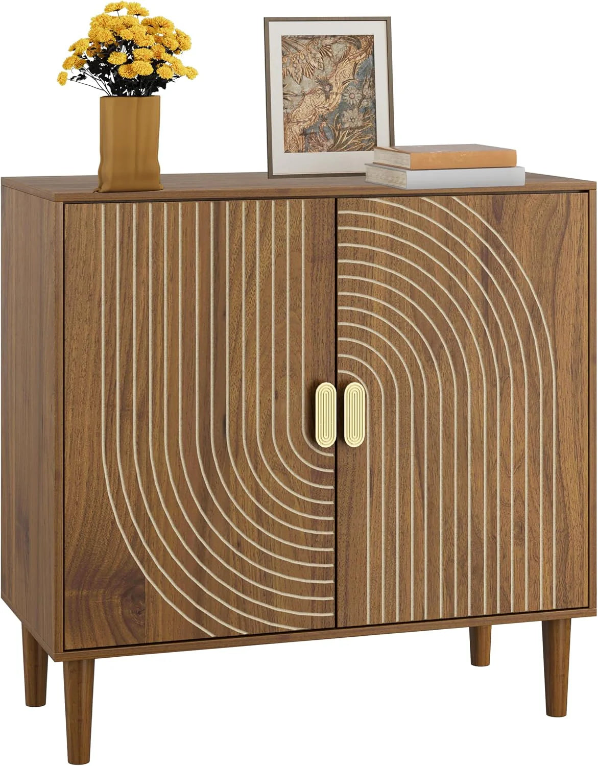 Walnut sideboard, freestanding dining cabinet with cable channel design, wooden storage cabinet with adjustable shelves