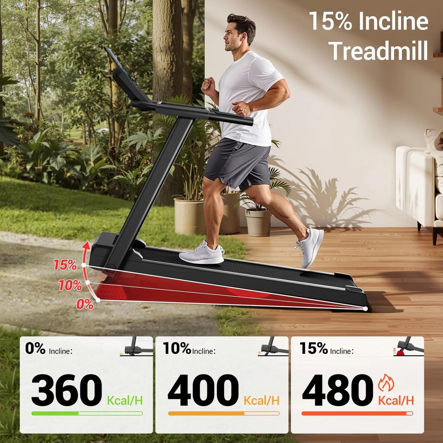 Home Treadmill, 15% Incline Treadmill, 3.0 hp Quiet Brushless Dual Cushion System00lbs Weight Capacity