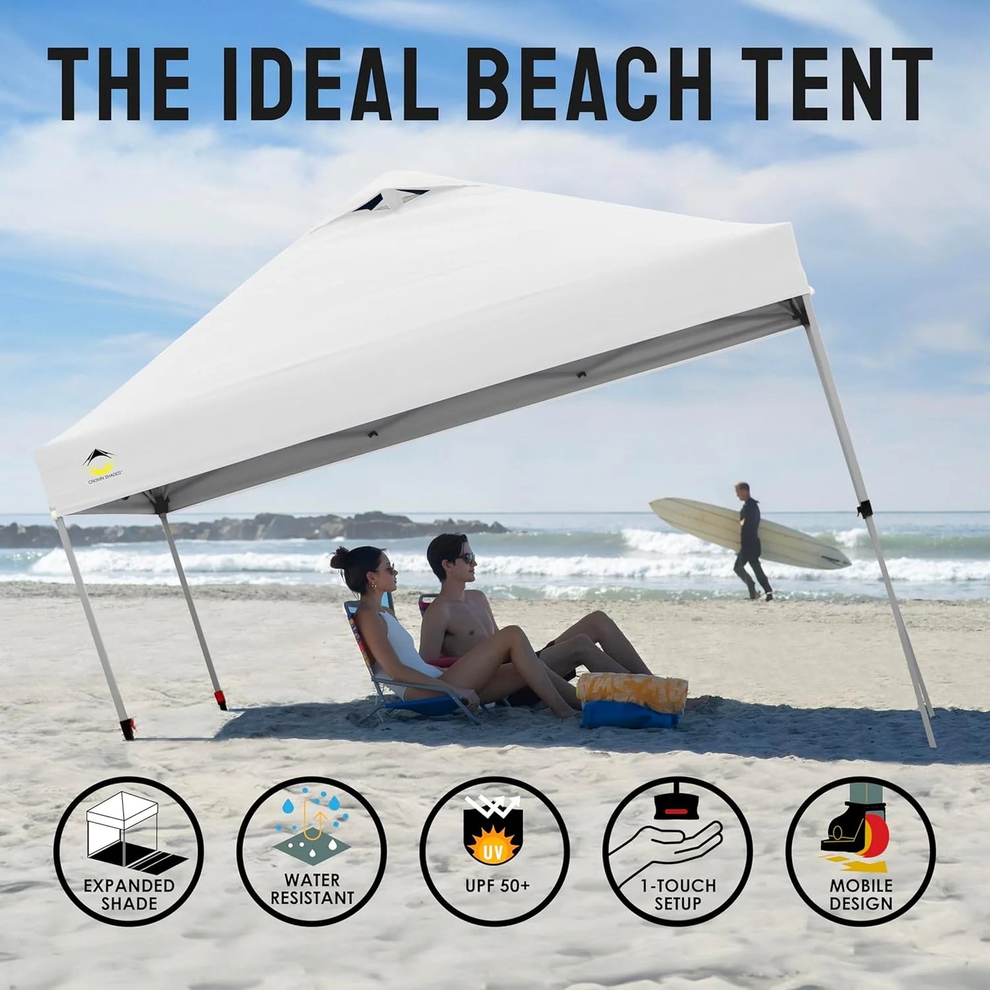 10x10 Pop-Up Awning - One-Click Installation Beach Tent - Outdoor Sunshade Silver Coated Top, 3 Heights and 4 Sand Pockets