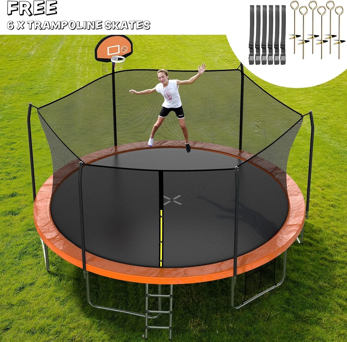 AOTOB 8FT 10FT 12FT 14 FT 15FT Trampoline with Safety Enclosure Net，Outdoor Trampoline with Basketball Hoop, Heavy Duty Jumping Mat and Spring Cover Padding for Kids and Adults, Storage Bag and Ladder
