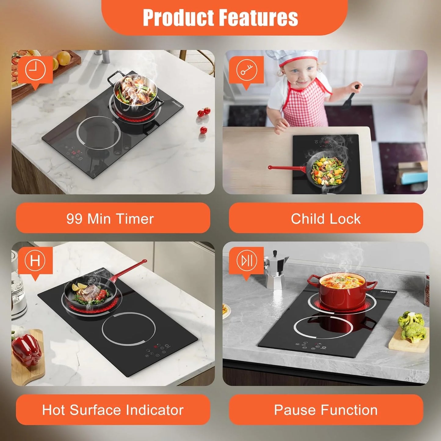 Electric Cooktop 30 Inch - 5 Burners Built-in Ceramic Cooktop, 30" Electric Stove Top with Glass Protection Metal Frame, 9 Heating Level, 8400W, 220-240V for Hard Wire(No Plug)