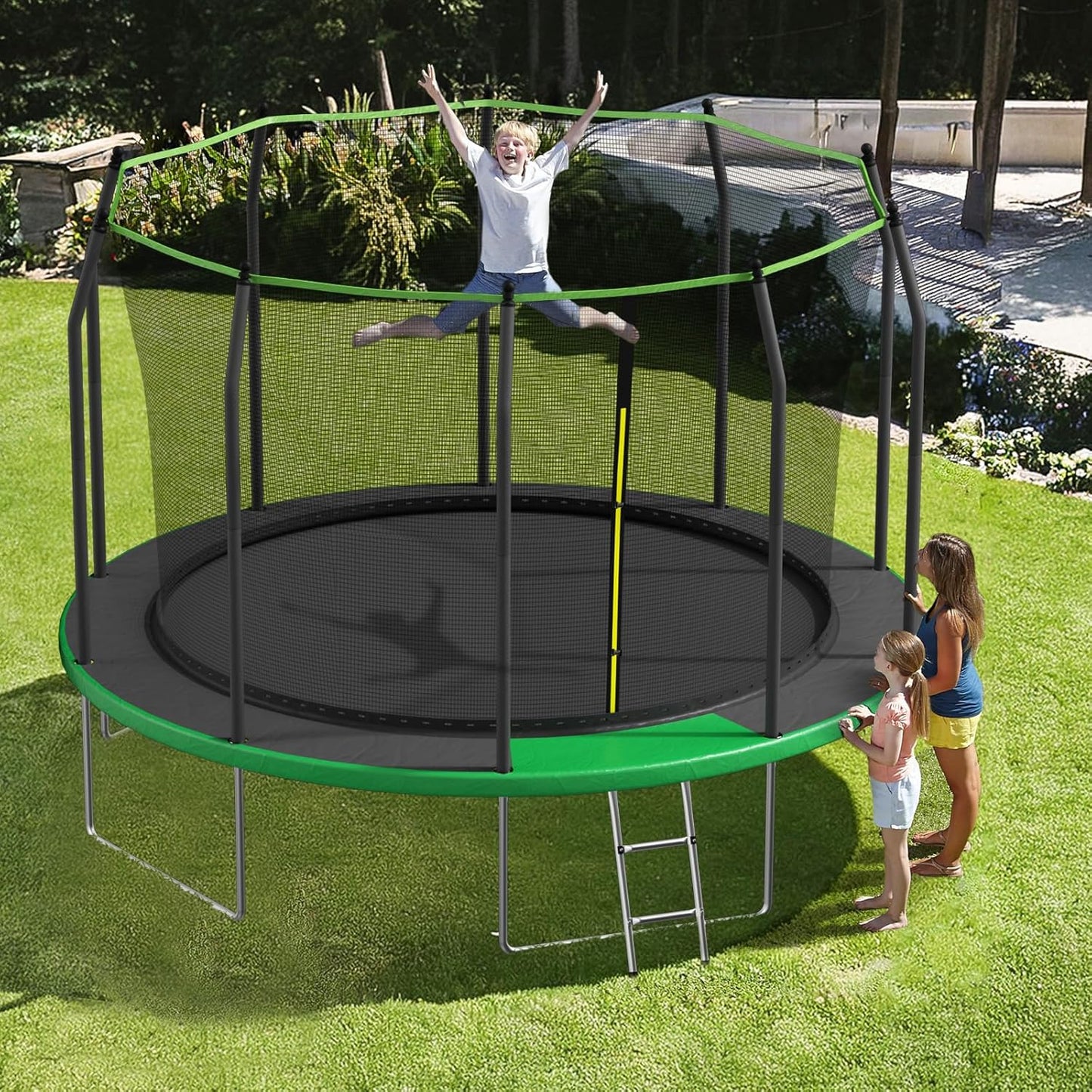 AOTOB 8FT 10FT 12FT 14 FT 15FT Trampoline with Safety Enclosure Net，Outdoor Trampoline with Basketball Hoop, Heavy Duty Jumping Mat and Spring Cover Padding for Kids and Adults, Storage Bag and Ladder