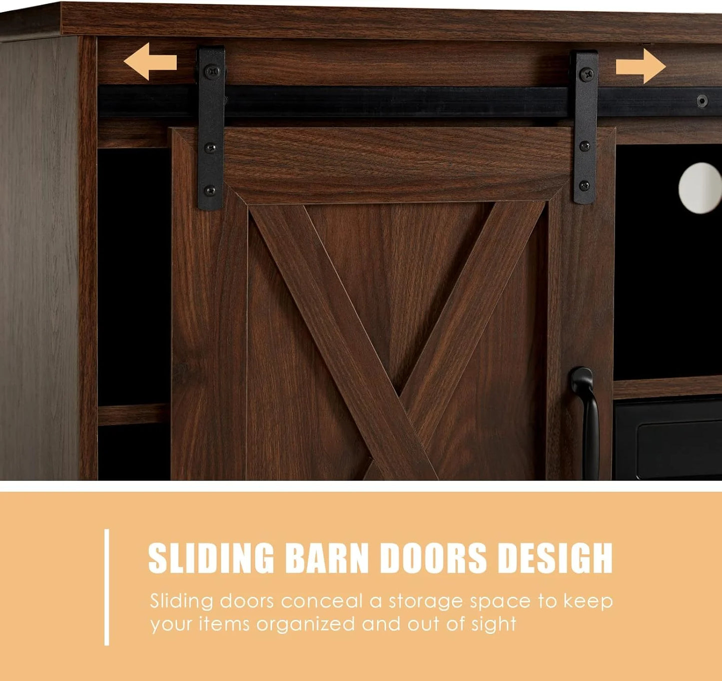 AMERLIFE Fireplace TV Stand with Sliding Barn Door for TVs up to 73", Farmhouse 63" Fireplace Entertainment Center with Storage Cabinets/Adjustable Shelves