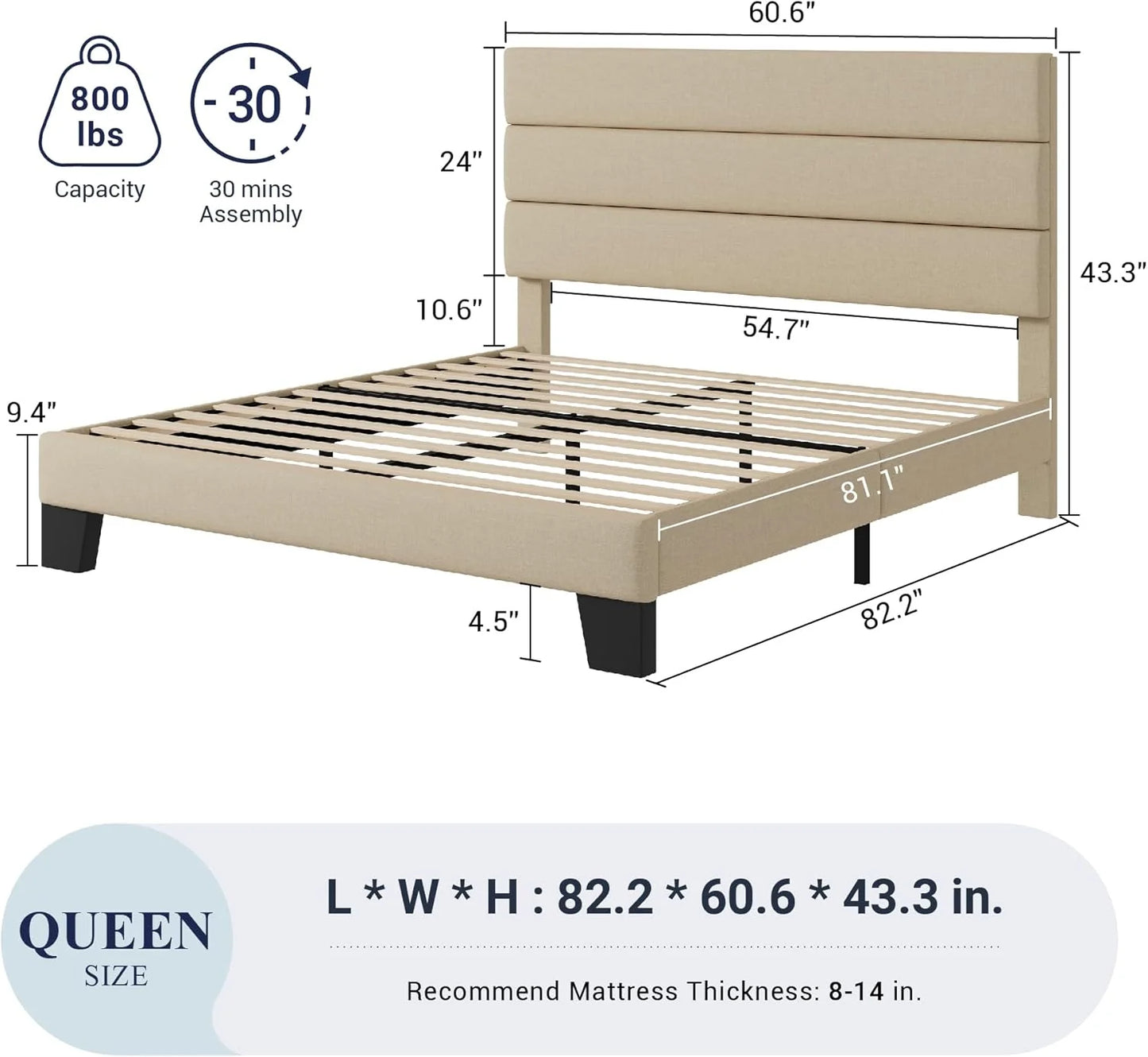 Allewie King size platform bed frame with velvet upholstered headboard and planks