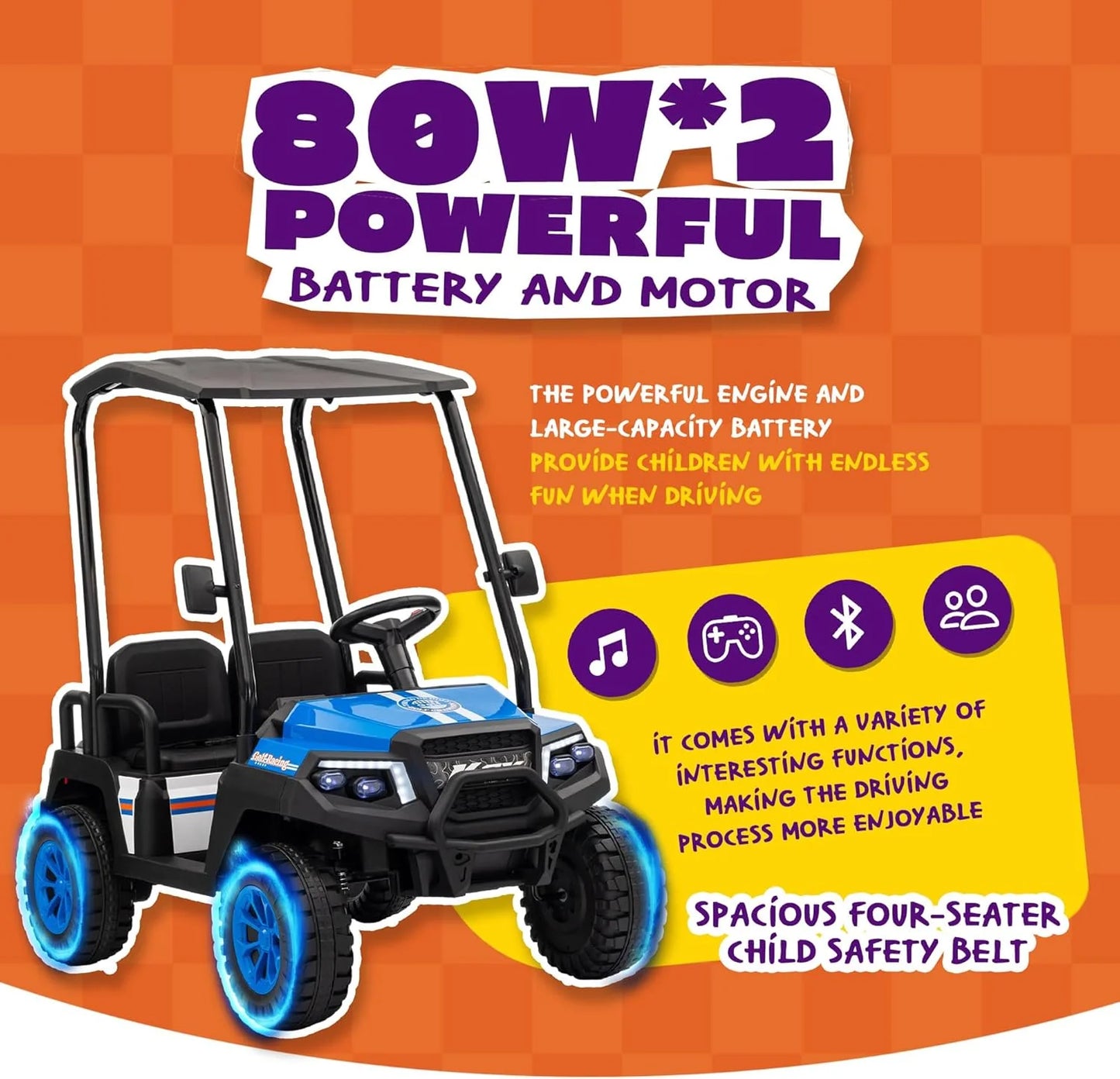 24V 7AH Children's Golf Cart with Remote Control, Removable Awning, 4-Wheel Spring Suspension