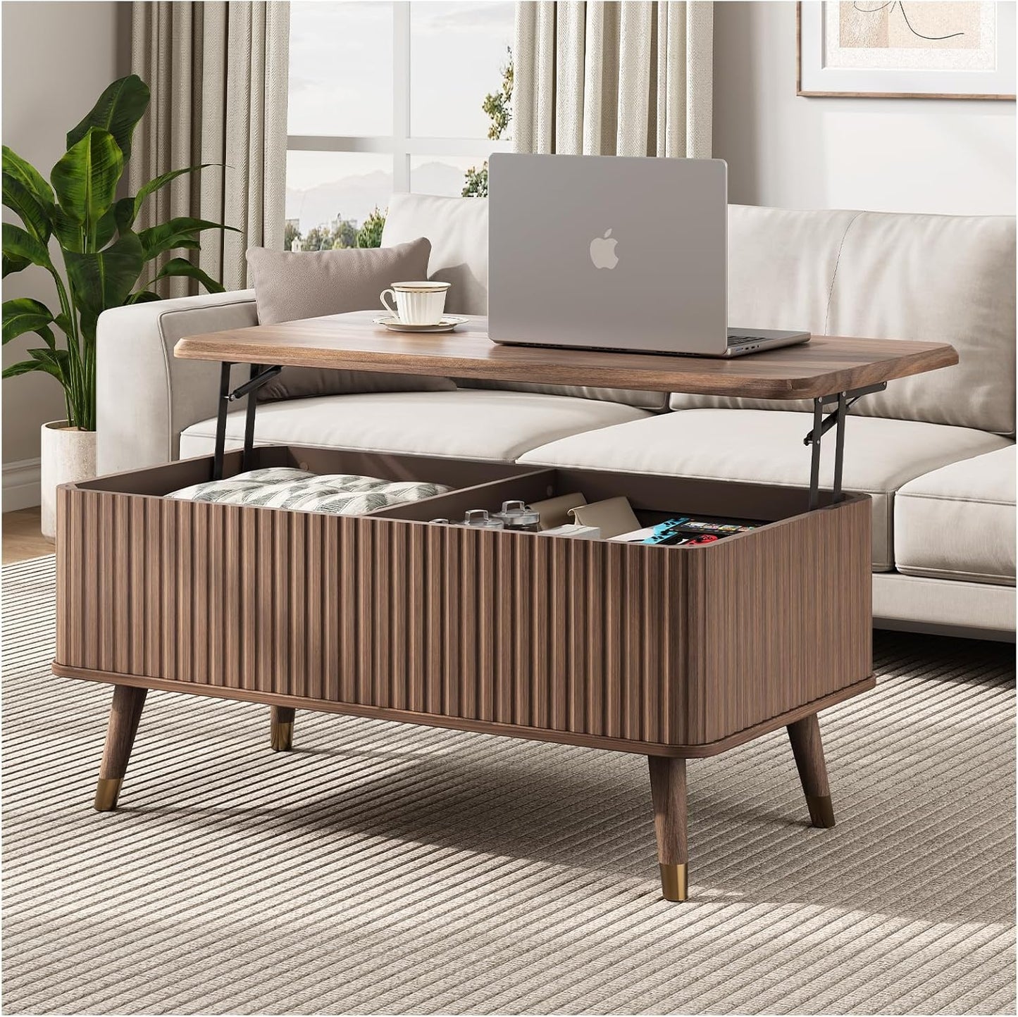 Round Coffee Table with Storage,Fluted Center Table with Sliding Cabinet Door for Living Room,Home Small Space,31.5" Small Center Table,Walnut