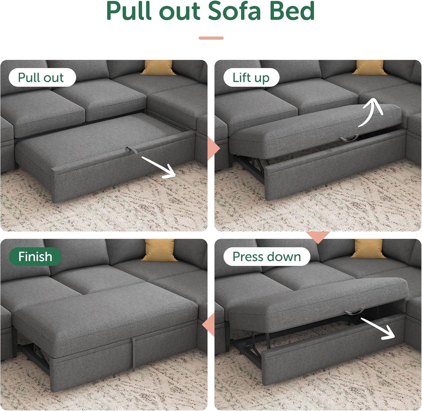 HONBAY Modular Sectional Sleeper Sofa with Pull Out Bed, L Shaped Couch with Storage Seat, Convertible Sectional Couches for Living Room