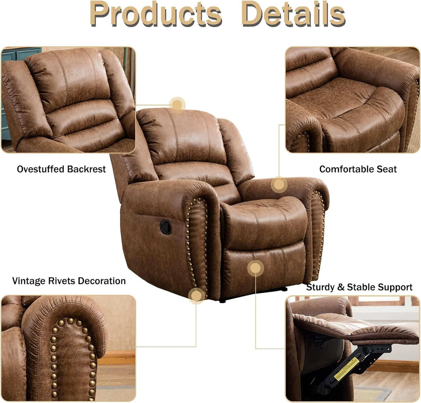 Leather recliner, classic traditional manual recliner, single sofa for living room