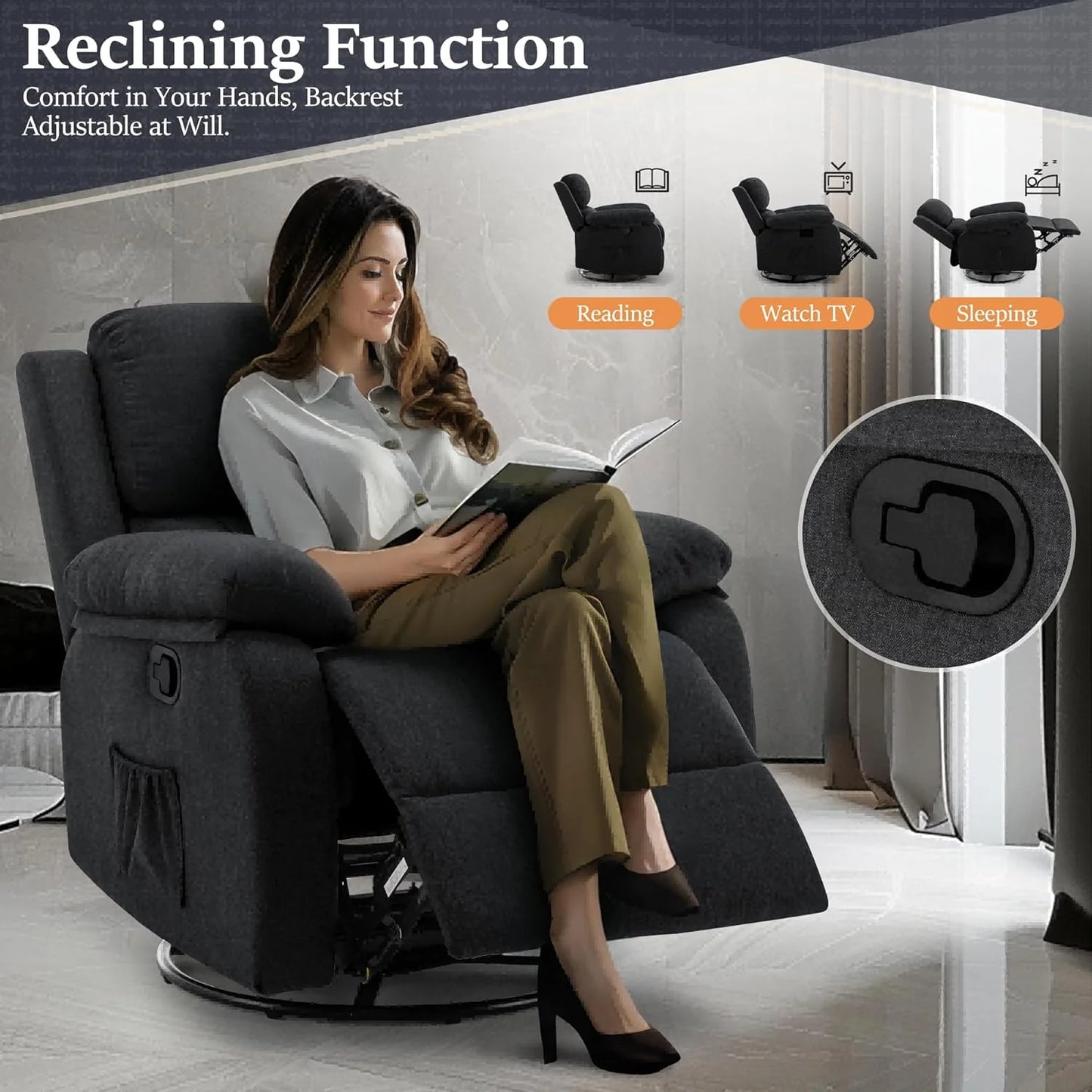 Reclining rocking chair 360 degree rotating fabric sliding reclining chair