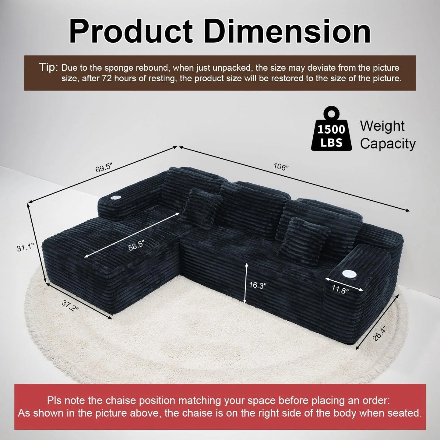 Cloud section sofa with L-shaped recliner, modern modular sofa, built-in cup holder