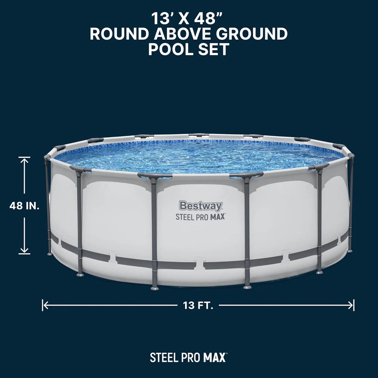 Steel Pro MAX 14 Foot x 48 Inch Round Metal Frame Above Ground Outdoor Swimming Pool Set with 1,000 Filter Pump, Ladder, and Cover, Gray