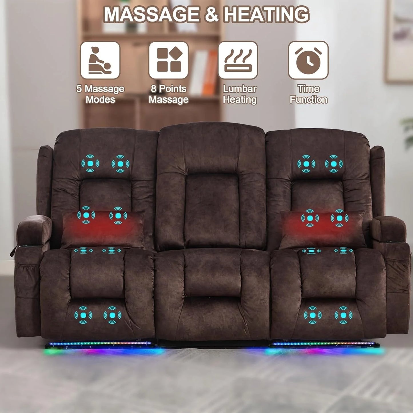 TUNYI Power Loveseat Recliner Sofa with Massage & Heat Home Theater Seating with Console Electric Recliner RV Sofa with USB/Outlet/Storage/Side Pocket/LED Light/Speaker (Brown, Loveseat)