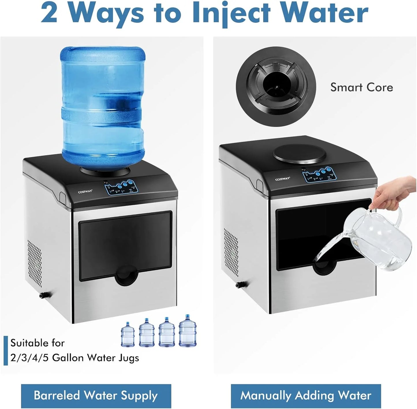 COSTWAY Countertop Ice Maker with Water Dispenser, 3 Sizes Bullet Shaped Ice, 48lbs/Day, Fast Ready in 6 Minutes, Ice Machine with Cold Water for Home Bar Kitchen Office