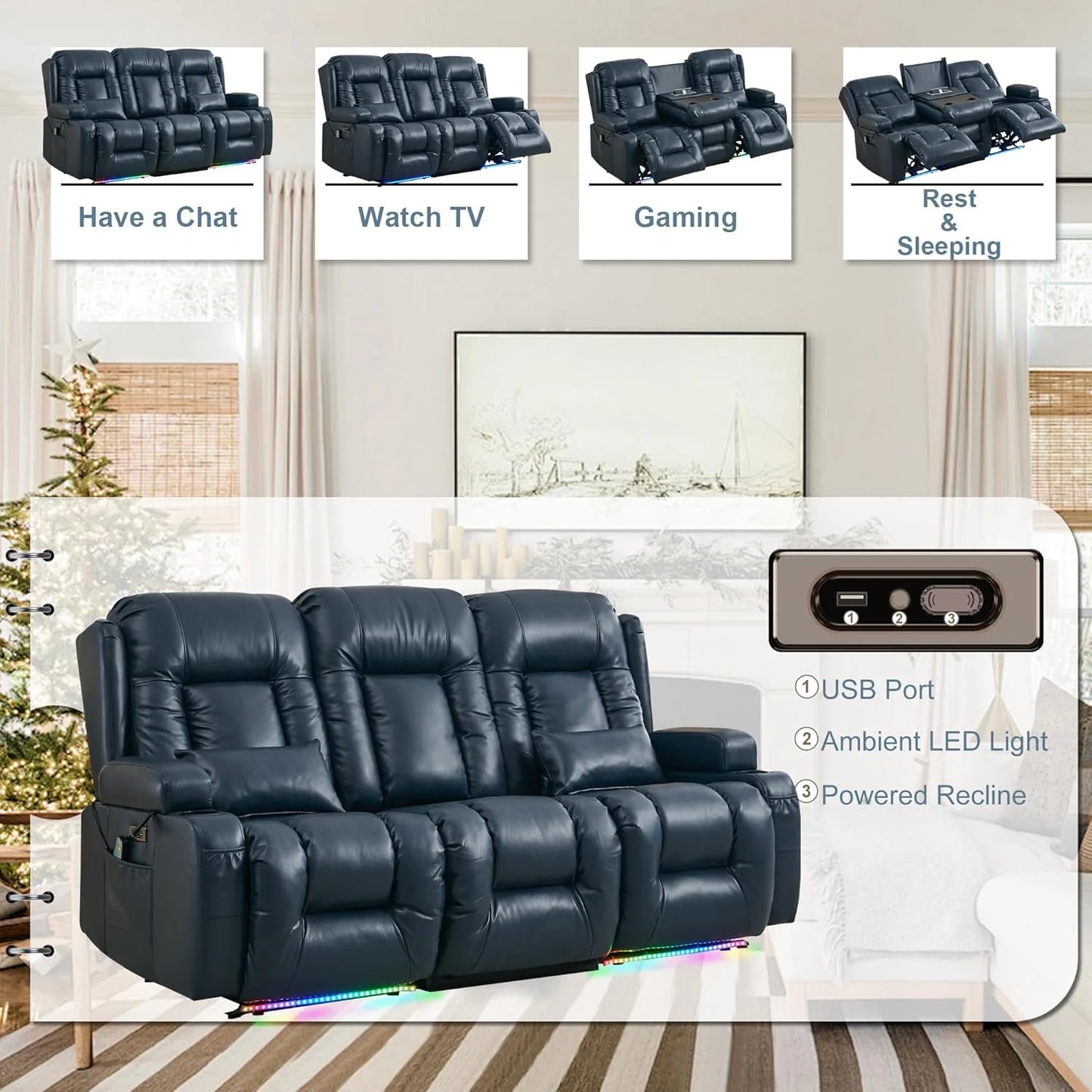 TUNYI Power Loveseat Recliner Sofa with Massage & Heat Home Theater Seating with Console Electric Recliner RV Sofa with USB/Outlet/Storage/Side Pocket/LED Light/Speaker (Brown, Loveseat)