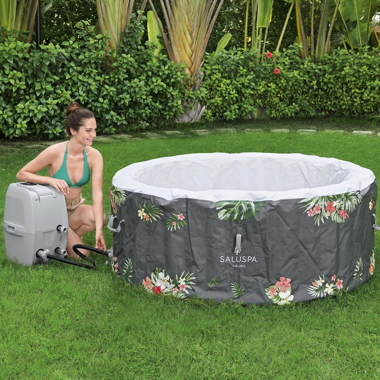 SaluSpa Aruba AirJet Large Round 2 to 3 Person Inflatable Hot Tub Portable Outdoor Spa with 110 AirJets and EnergySense Cover, Grey