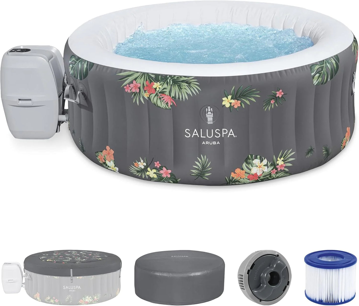 SaluSpa Aruba AirJet Large Round 2 to 3 Person Inflatable Hot Tub Portable Outdoor Spa with 110 AirJets and EnergySense Cover, Grey
