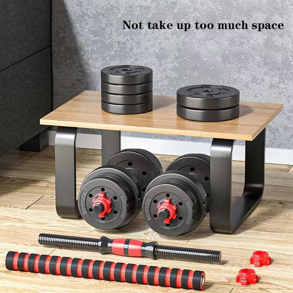 Adjustable dumbbell set, free weight dumbbell pair convertible into barbell
