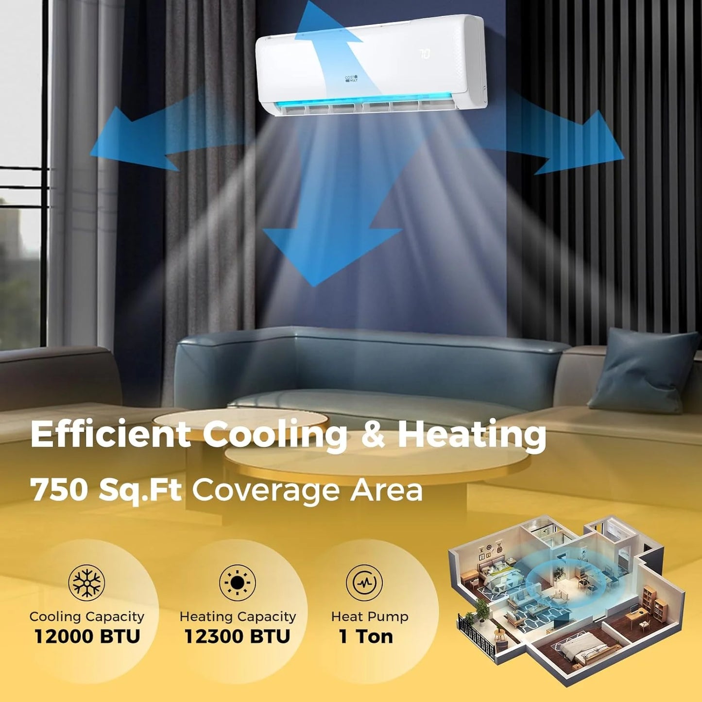 COSTWAY 12000BTU Mini Split Air Conditioner& Heater, 20 SEER2 115V Wall-Mounted Ductless AC Unit Cools Rooms up to 750 Sq. Ft, Energy Efficient Inverter AC with Heat Pump (Blast Series)