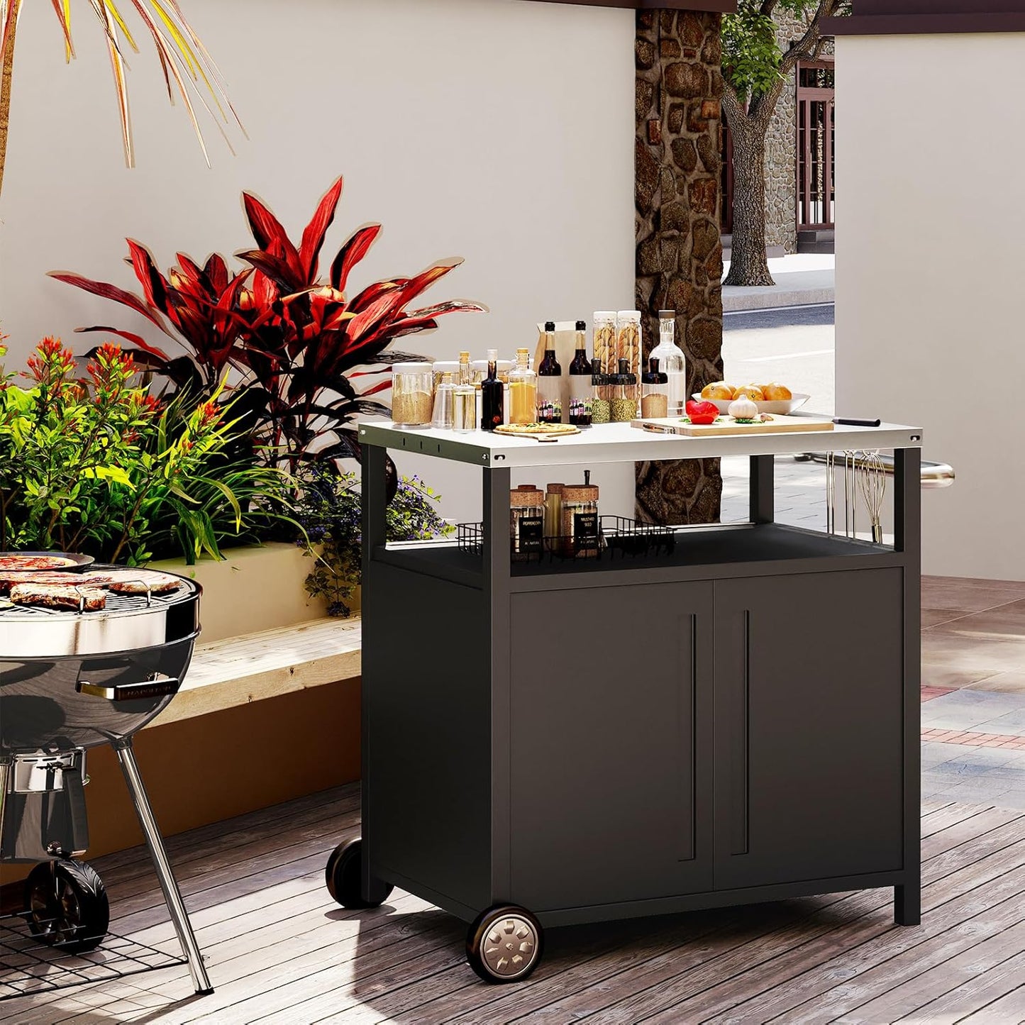 Stainless Steel Outdoor Grill Cart Pizza Oven Stand Trolley Table with Wheels Three-Shelf Movable Food Prep and Work Table Heavy Duty Grill Carts Outdoor Cart 31.5"×24"×35.5"