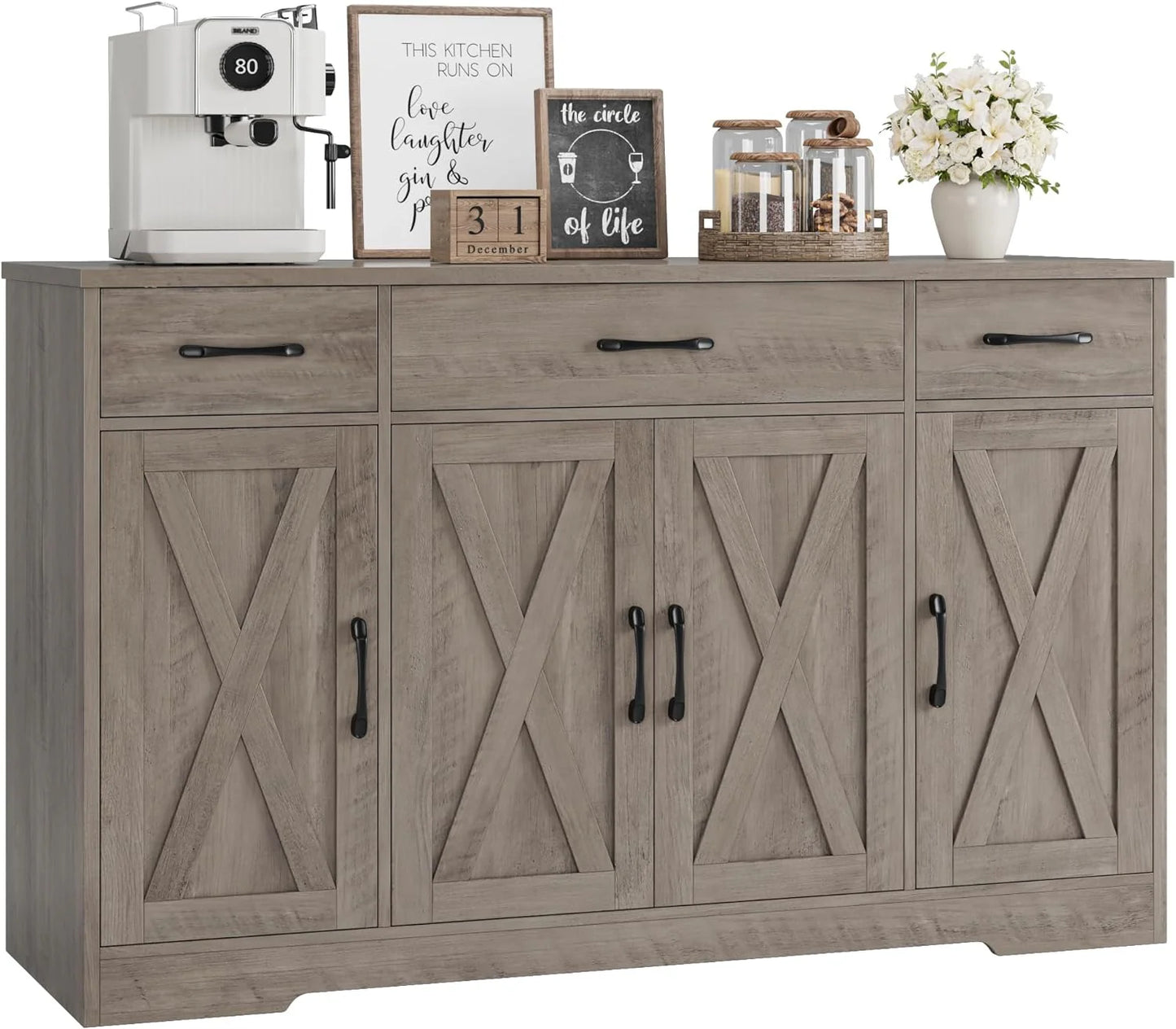 Sideboard with drawers, large 55-inch sideboard, sideboard storage with shelves and doors, modern farmhouse coffee bar wood kitchen dining table